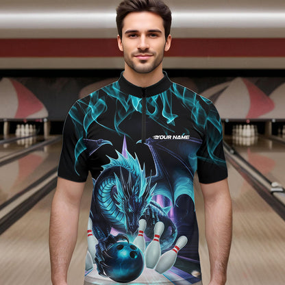Custom Blue Flame Dragon Bowling Quarter-Zip Shirts For Men, Dragon Bowling Team Jerseys IPHW8959