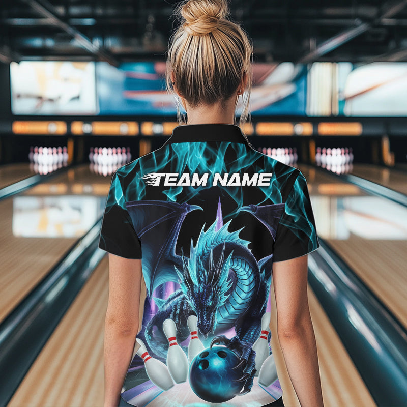 Custom Blue Flame Dragon Bowling Quarter-Zip Shirts For Women, Dragon Bowling Team Jerseys IPHW8959
