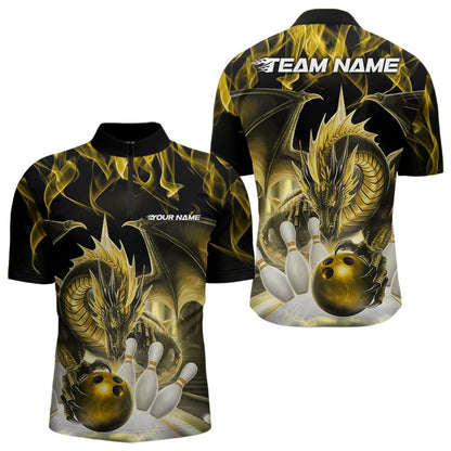 Custom Yellow Flame Dragon Bowling Quarter-Zip Shirts For Men, Dragon Bowling Team Jerseys IPHW8962