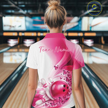 Load image into Gallery viewer, Back view of a female model in a white and pink bowling quarter zip showcasing butterfly graphics and bowling artwork