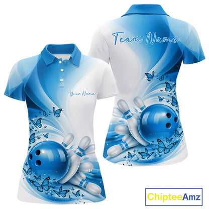 Front and back mockup of a women s white and blue bowling polo shirt with butterfly accents and bowling graphics.