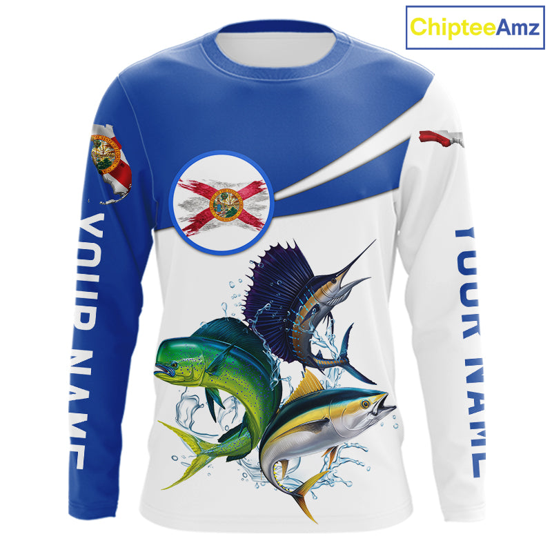 Long-sleeve shirt with Mahi Mahi, Sailfish and Tuna fish design and Florida flag on a white background