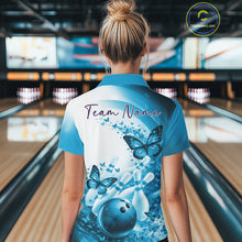 Load image into Gallery viewer, Custom Blue Butterfly Bowling Women Polo Shirt, Ladies Bowling Team Outfits IPHW11356