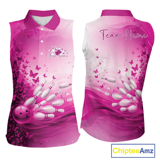 Pink sleeveless bowling shirt with butterfly design and 'Team Name' text,
