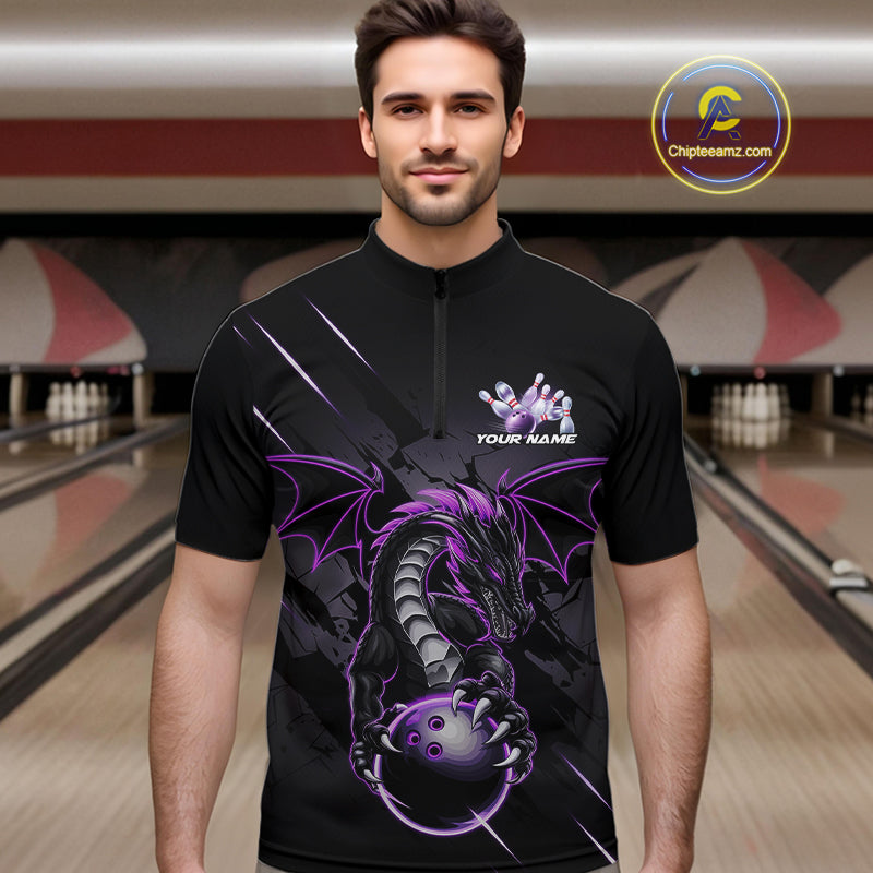 Custom Glowing Purple Dragon Bowling Team Quarter-Zip Shirts For Men, Dragon Bowling Jerseys IPHW9539