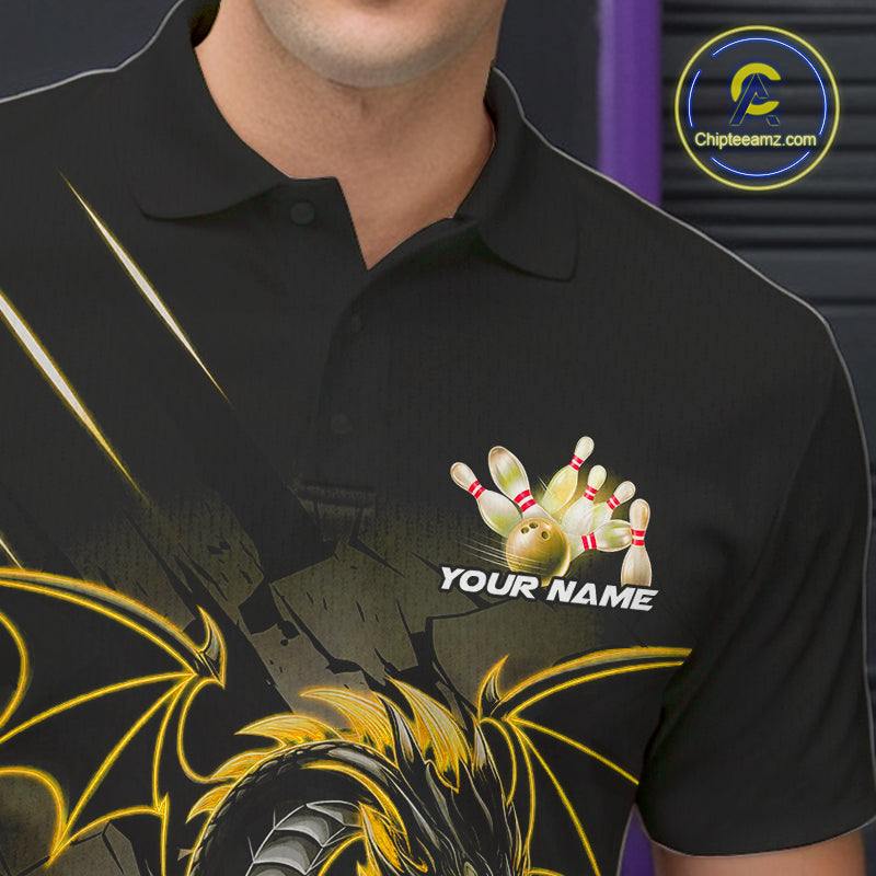 Custom Glowing Yellow Dragon Bowling Team Polo Shirts For Men, Dragon Bowling Jerseys IPHW9540