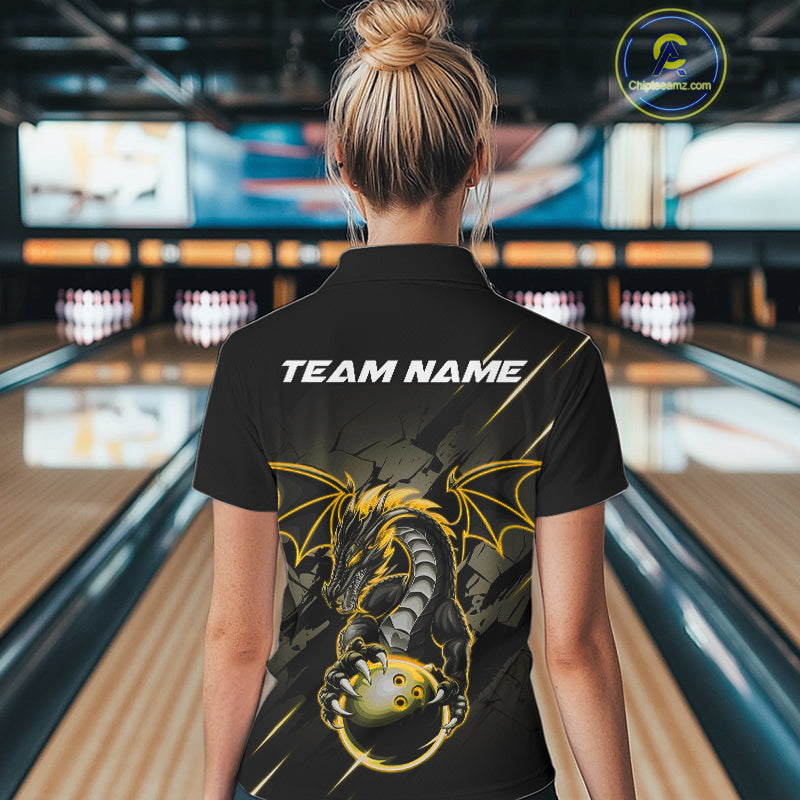 Custom Glowing Yellow Dragon Bowling Team Polo Shirts For Women, Dragon Bowling Jerseys IPHW9540
