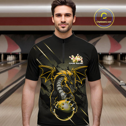 Custom Glowing Yellow Dragon Bowling Team Quarter-Zip Shirts For Men, Dragon Bowling Jerseys IPHW9540