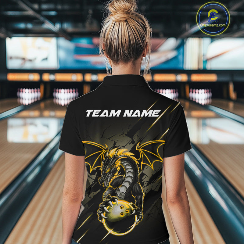 Custom Glowing Yellow Dragon Bowling Team Women Quarter-Zip Shirt, Dragon Bowling Jerseys IPHW9540