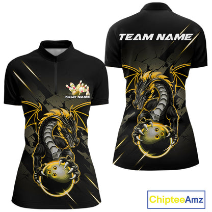 Custom Glowing Yellow Dragon Bowling Team Women Quarter-Zip Shirt, Dragon Bowling Jerseys IPHW9540