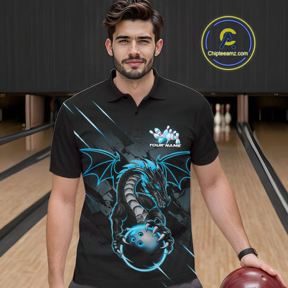 Custom Glowing Blue Dragon Bowling Team Polo Shirts For Men, Dragon Bowling Jerseys IPHW9541