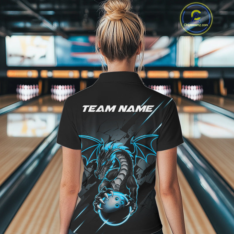 Custom Glowing Blue Dragon Bowling Team Polo Shirts For Women, Dragon Bowling Jerseys IPHW9541