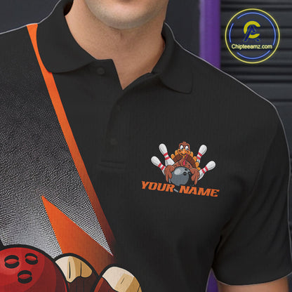 Custom Funny Orange Turkey Bowling Team Men Polo Shirts, Thanksgiving Bowling Shirt IPHW9783