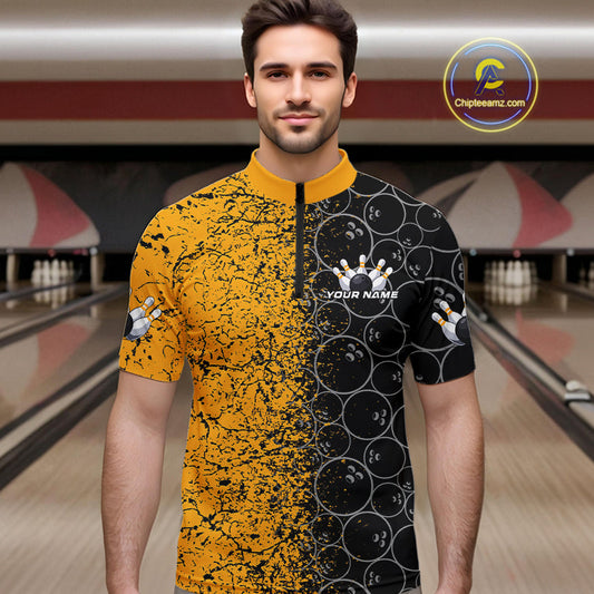 Custom Black And Yellow Splatter Bowling Ball Pattern Bowling Team Quarter-Zip Shirts For Men IPHW9788