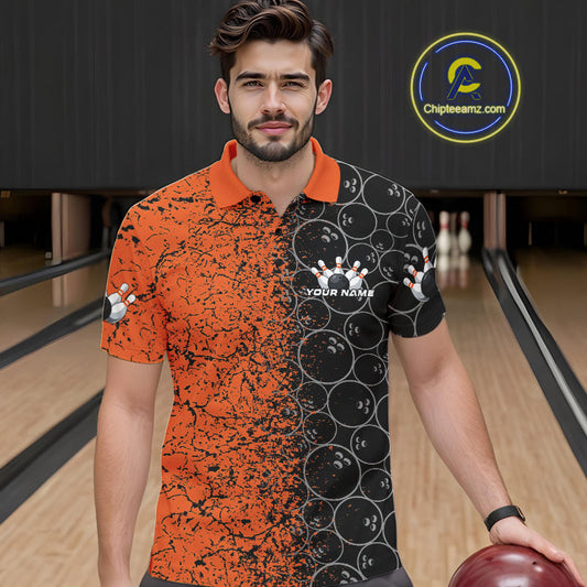 Custom Black And Orange Splatter Bowling Ball Pattern Bowling Team Polo Shirts For Men IPHW9791