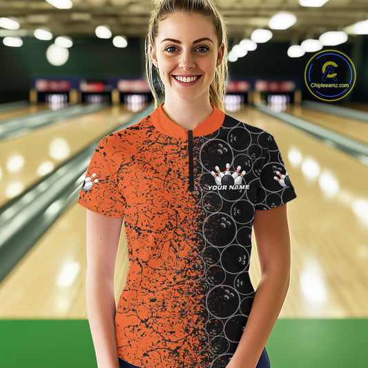 Custom Black And Orange Bowling Ball Pattern Bowling Team Women Quarter-Zip Shirts IPHW9791