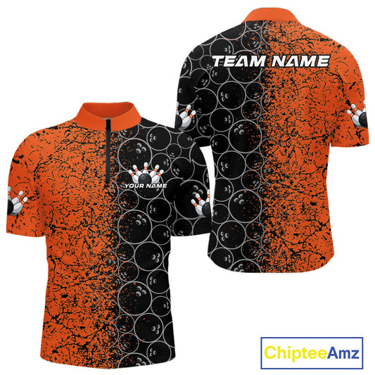 Custom Black And Orange Splatter Bowling Ball Pattern Bowling Team Quarter-Zip Shirts For Men IPHW9791
