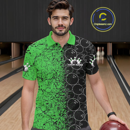 Custom Black And Green Splatter Bowling Ball Pattern Bowling Team Polo Shirts For Men IPHW9792