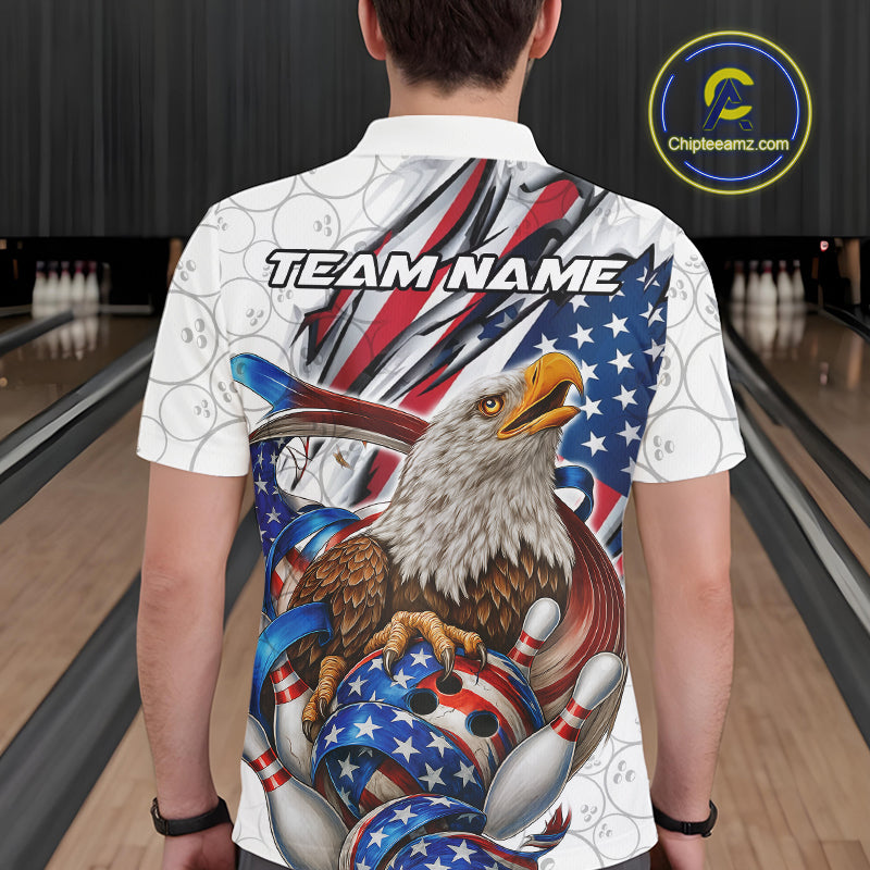 Custom Patriotic US Flag Eagle Bowling Men Shirt, USA Bowling Team League Shirt IPHW10163