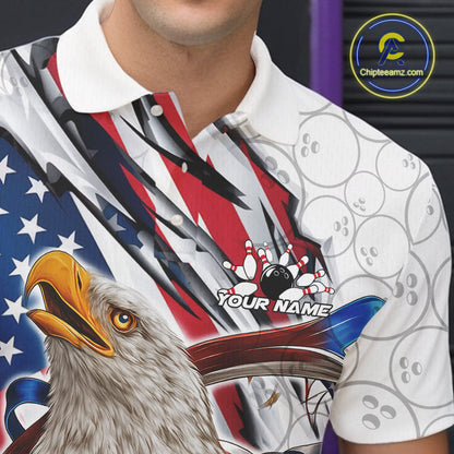 Custom Patriotic US Flag Eagle Bowling Men Shirt, USA Bowling Team League Shirt IPHW10163