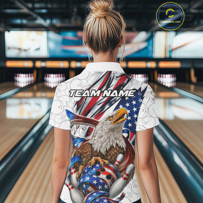Custom Patriotic US Flag Eagle Bowling Women Shirt, USA Bowling Team League Shirt IPHW10163