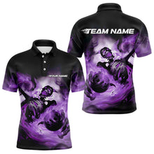Load image into Gallery viewer, Custom Black And Purple Flame Skeleton Bowling Polo Shirts For Men, Skull Bowling Team Shirt IPHW8464