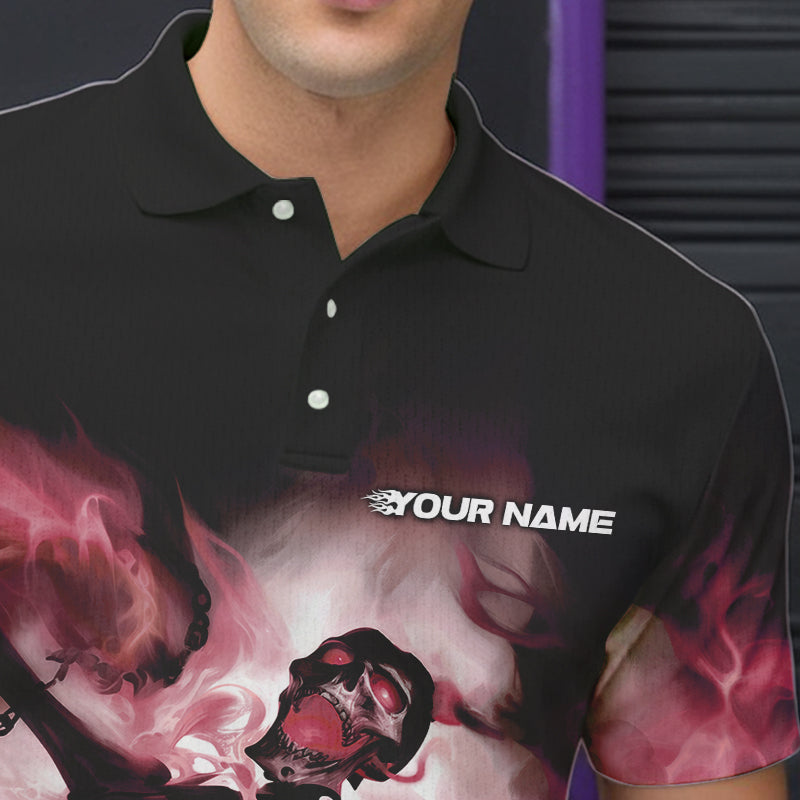 Custom Black And Red Flame Skeleton Bowling Polo Shirts For Men, Skull Bowling Team Shirt IPHW8465