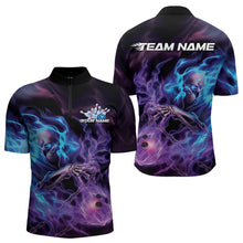 Load image into Gallery viewer, Custom Blue And Purple Flame Skull Bowling Quarter-Zip Shirts For Men, Fire Bowling Team Shirts IPHW8473
