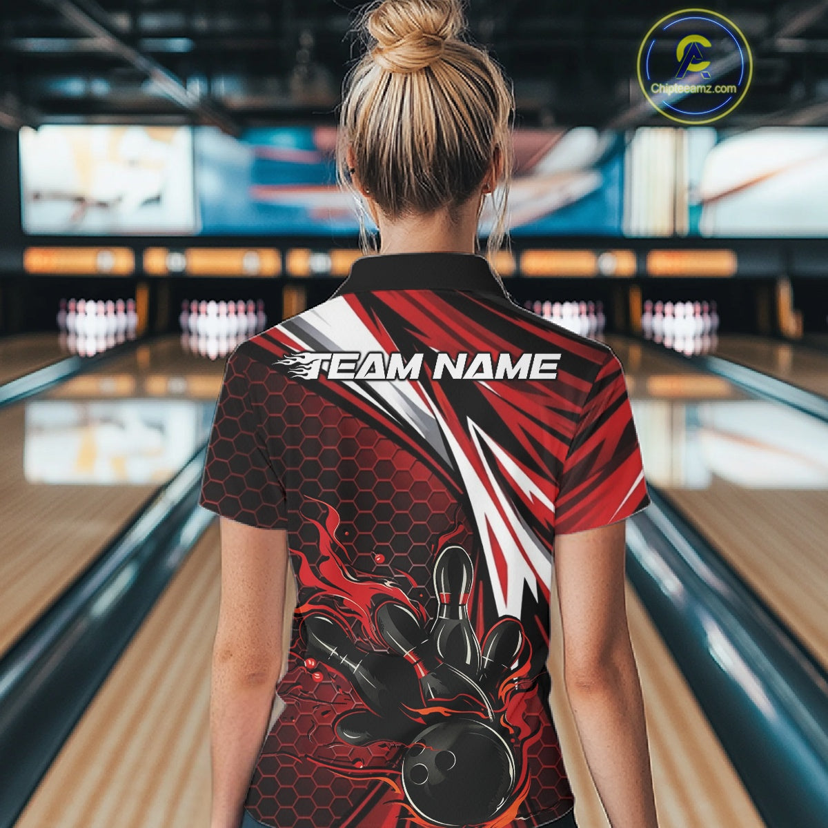 Custom Red Flame Bowling Jerseys For Women, Hexagon Bowling Team Tournament Shirt IPHW10556