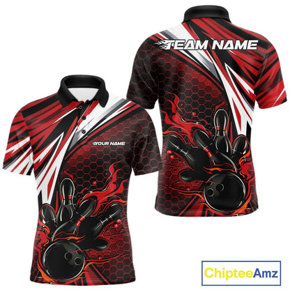 Custom Red Flame Bowling Jerseys For Men, Hexagon Bowling Team Tournament Shirt IPHW10556