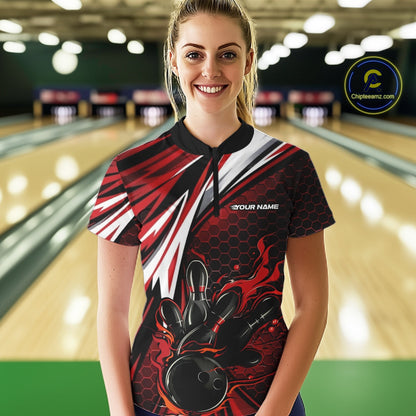 Custom Red Flame Bowling Jerseys For Women, Hexagon Bowling Team Tournament Shirt IPHW10556