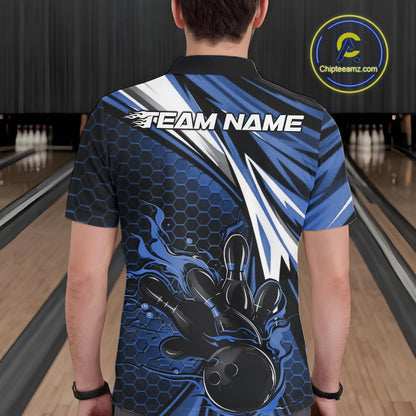 Custom Blue Flame Bowling Jerseys For Men, Hexagon Bowling Team Tournament Shirt IPHW10557