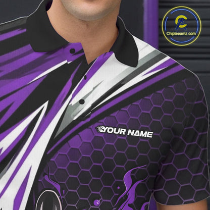 Custom Purple Flame Bowling Jerseys For Men, Hexagon Bowling Team Tournament Shirt IPHW10559