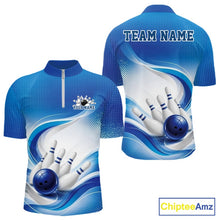 Load image into Gallery viewer, Front and back view of a mens white and blue bowling quarter-zip shirt showcasing curved wave accents and bowling-themed imagery
