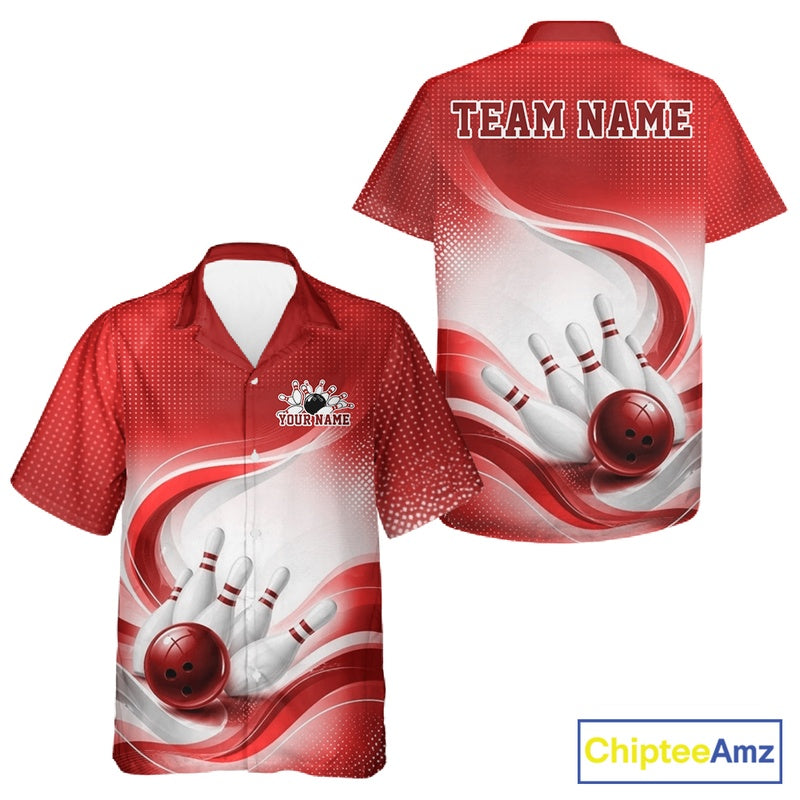Front and back view of a white and red button-up bowling shirt mockup featuring flowing abstract lines and a bowling strike illustration