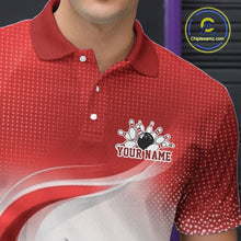Load image into Gallery viewer, Close-up of the left chest area on a white and red bowling polo shirt featuring flowing line designs and bowling pin imagery