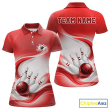 Load image into Gallery viewer, Womens white and red bowling polo shirt mockup shown from both sides with flowing wave designs and bowling-inspired imagery