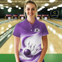 Load image into Gallery viewer, Front view of a womens white and purple bowling polo shirt featuring curved wave motifs and a bowling ball striking the pins