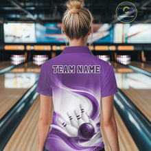 Load image into Gallery viewer, Back view of a female model wearing a white and purple bowling polo shirt with flowing wave patterns and a bowling strike illustration