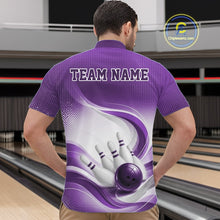 Load image into Gallery viewer, Front view of a male model wearing a white and purple bowling quarter-zip shirt with sweeping wave artwork and a bowling ball striking pins inside a bowling center