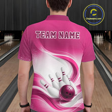 Load image into Gallery viewer, Back view of a male model in a white and pink bowling polo shirt featuring abstract wave artwork and bowling action details