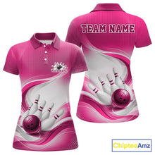 Load image into Gallery viewer, Womens white and pink bowling polo shirt mockup displayed from front and back with wave-inspired accents and a bowling strike design