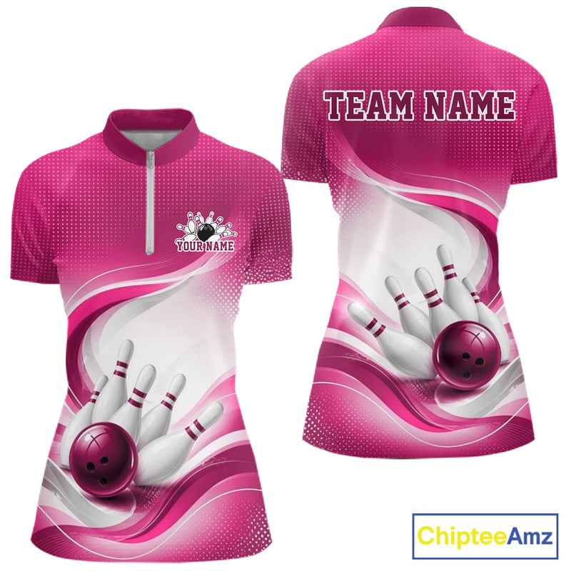 Front and back view of a womens white and pink bowling quarter-zip shirt featuring abstract wave graphics and bowling action artwork