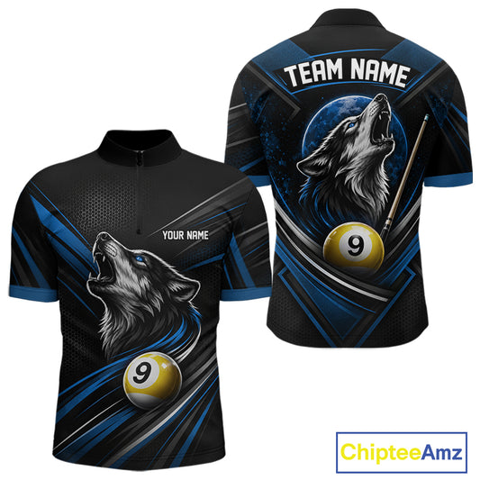 Custom Black And Blue Wolf 9 Ball Billiards Men Quarter Zip Shirt, Billiards Team Jersey IPHW11673