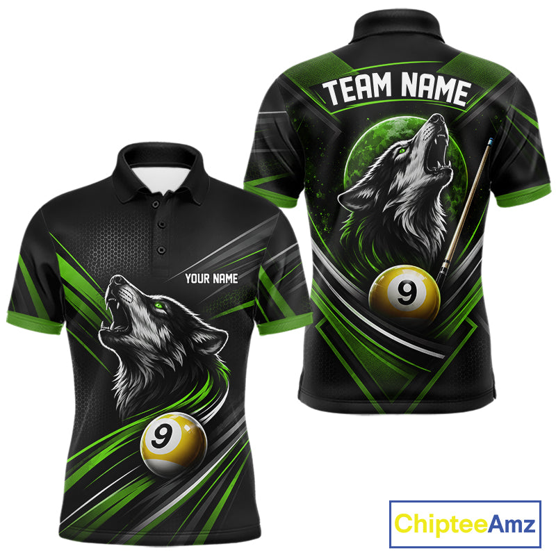Custom Black And Green Wolf 9 Ball Billiards Men Polo Shirt, Billiards Team Jersey IPHW11674