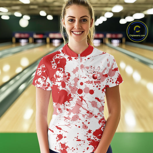Custom Red Splatter Bowling Team League Shirts For Women, Bowling Jerseys Bowler Outfit IPHW10593
