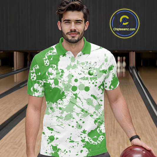Custom Green Splatter Bowling Team League Shirts For Men, Bowling Jerseys Bowler Outfit IPHW10594