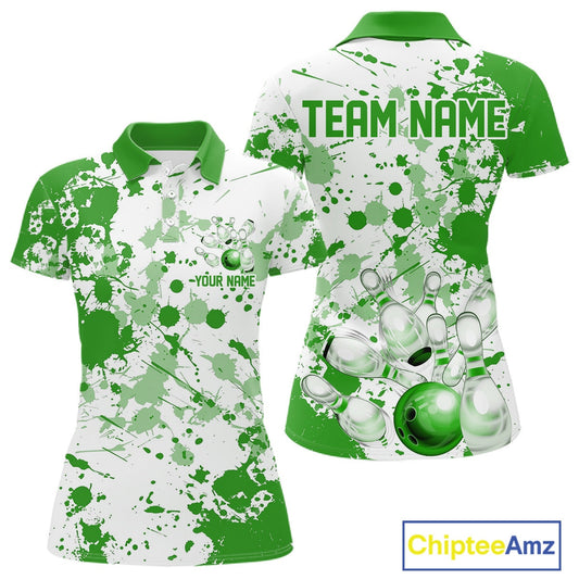 Custom Green Splatter Bowling Team League Shirts For Women, Bowling Jerseys Bowler Outfit IPHW10594