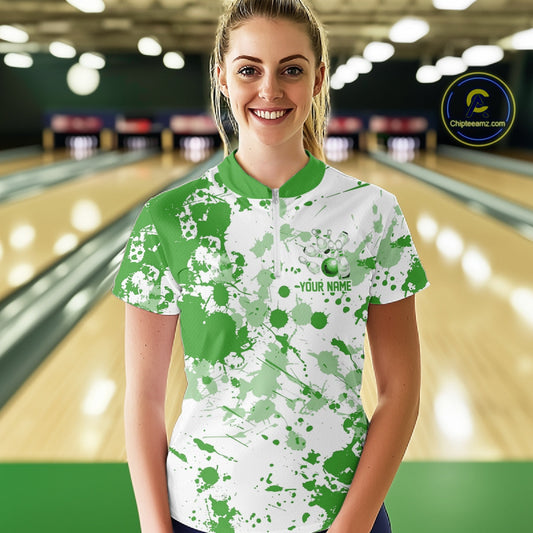 Custom Green Splatter Bowling Team League Shirt For Women, Bowling Jerseys Bowler Outfit IPHW10594