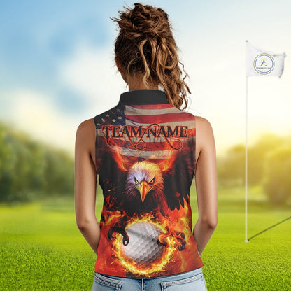 Custom Patriotic Eagle We The People Flame Golf Shirt For Women, Vintage US Flag Golf Shirt IPHW10599